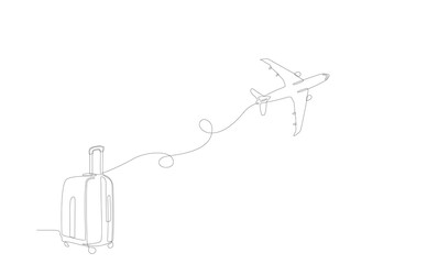 Suitcase with airplane flying up and rote in continuous one line style. Single line travel drawing of contour of luggage bag with wheels isolated on white background Editable stroke vector