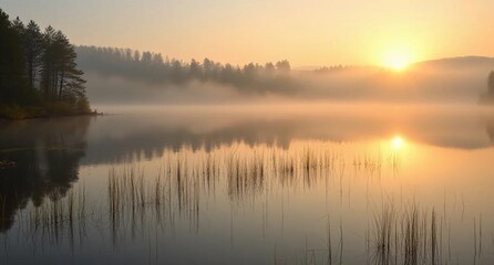 Fototapeta premium Misty sunrise over calm lake with tree reflections and golden sky.