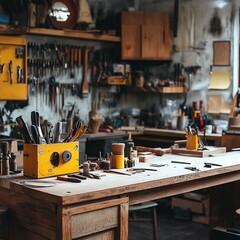 Workshop tools on workbench, maker station with building focus, craft theme