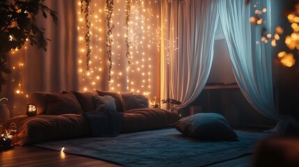 A mystical-themed living room with hanging fairy lights, soft drapes, and glowing crystal decor adding to the mystery 