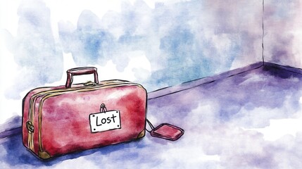 Naklejka premium A Watercolor Illustration of a Lost Suitcase in a Corner, Evoking Feelings of Abandonment and Loneliness