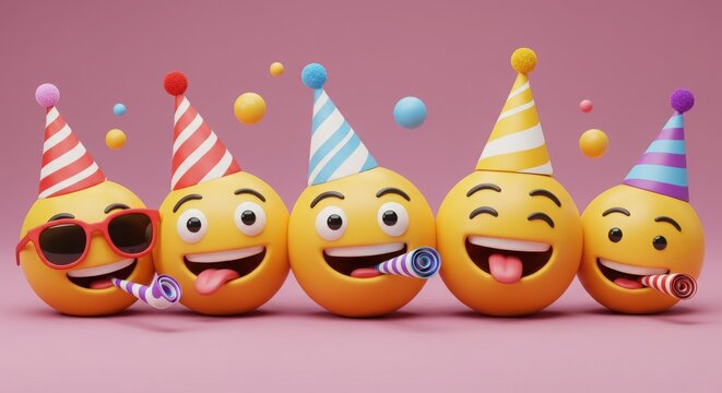 A group of emoji faces wearing party hats and blowing party favors on a pink background scene. - Powered by Adobe