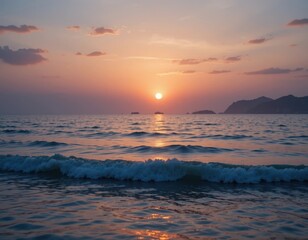 Obraz premium Serene Sunset Over Ocean Waves at Beach Picturesque Coastal Landscape