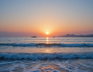 Obraz premium Serene Sunset over Ocean Waves with Distant Ships at Golden Hour
