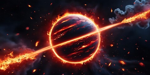 Obraz premium Futuristic digital artwork of a fiery, cracked planet engulfed in flames and smoke, depicting a cosmic catastrophe, energy explosion, or apocalyptic space scene with dramatic lighting