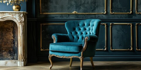 A vintage-style velvet armchair in an elegant room with golden accents