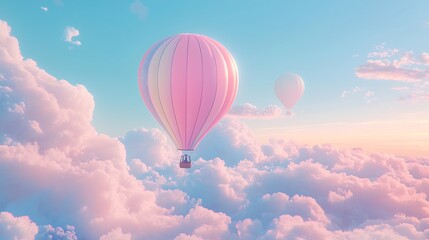 Obraz premium Pink hot air balloon above pastel clouds at sunrise.