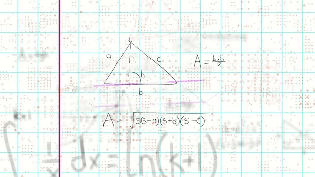 Animation of mathematical formulas and triangle diagram on grid paper in school
