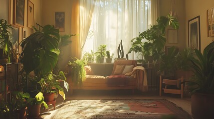 A bohemian-style living room filled with houseplants, where light dances through leaves, creating an ethereal feel 