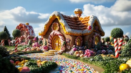 Obraz premium Whimsical Gingerbread House in a Candy Village