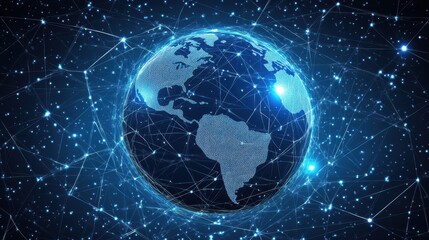 Stunning Blue and Black Abstract Representation of Earth Surrounded by Network Connections and Stars Highlighting Global Connections in Digital Space