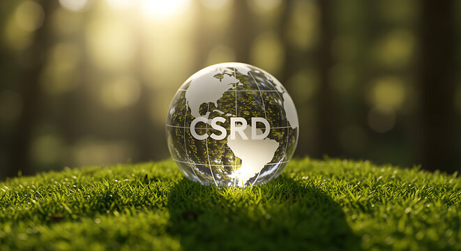 Glass World Globe displaying CSRD on Green Moss in Sunny Forest Concept