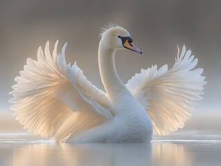 A beautiful white swan showing off its impressive wingspan majestically