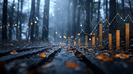 Abstract financial trends displayed over a forest path covered in colorful fallen leaves, investment and nature fusion.