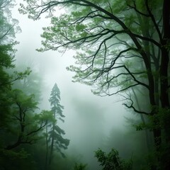 Obraz premium Eerie green forest shrouded in thick, swirling mist, stillness, forest, image