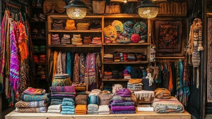 Fototapeta premium Bohemian Accessories Store with Scarves and Hats Displayed