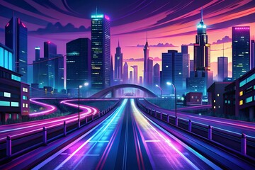 A vibrant city skyline at sunset, glowing with neon lights, showcasing a futuristic highway curving through the urban landscape with a dreamy, synthwave aesthetic.
