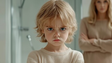 Angry child crossing arms in bathroom, refusing to brush teeth, frustrated parent in background.