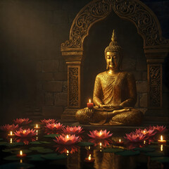 Fototapeta premium Serene Buddha statues surrounded by floating lotus flowers and soft lighting, creating a tranquil atmosphere for meditation and reflection.