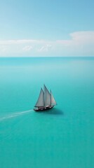 Obraz premium A three masted sailboat is sailing across vast turquoise colored waters