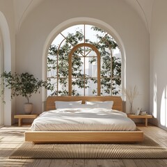 A bright bedroom features a wooden bed and large window