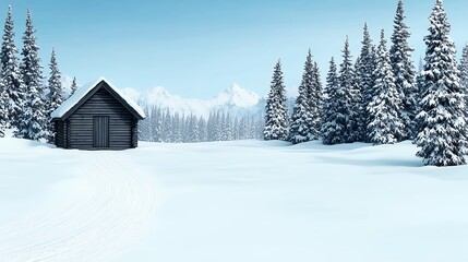 Rustic Wooden Cabin in Snowy Mountain Landscape