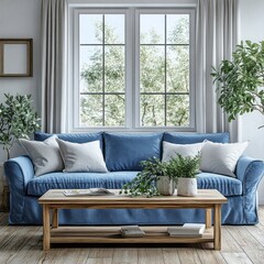 Cozy living room with a blue sofa and wooden table