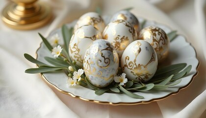 Golden and Marble Pattern Easter Eggs on an Elegant Plate, A Luxury-Styled Setup for Upscale Brands