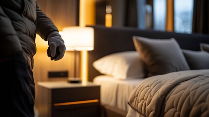 Mysterious figure entering hotel room with concealed intentions and hidden keys
