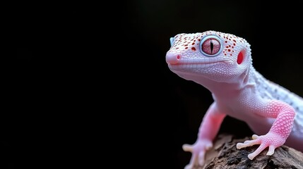 Close-up of a beautiful, pale pink gecko with striking patterns and bright eyes.  The reptile is perched on a dark, textured log against a black background, highlighting its delicate features