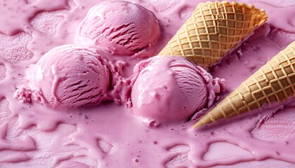 Delicious pink ice cream scoops melting onto a smooth surface