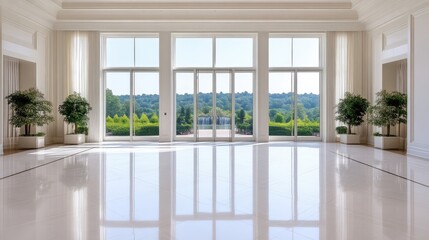 Fototapeta premium Spacious, sun-drenched interior with expansive windows showcasing lush gardens