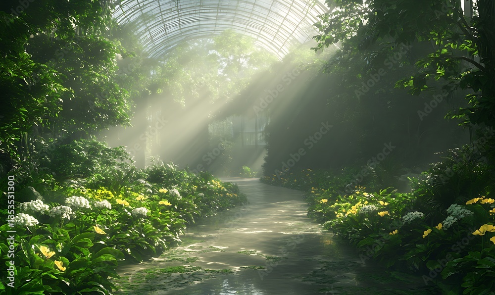 Aufkleber a serene garden path illuminated by soft sunlight through lush greenery.