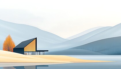 Fototapeta premium Modern House with Lake, and Mountain View.