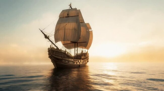 Majestic Sailing Ship Gliding on Tranquil Water at Sunset, Smooth repeating motion for background video animation