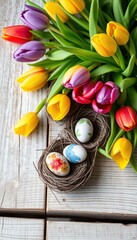 Vibrant tulips & painted eggs nestled in bird nests atop weathered wooden planks, easter, eggs, flower