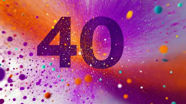 Celebratory Explosion: A vibrant and colorful explosion of pigments forms a dynamic backdrop, with a large number 40 at the heart of the composition, symbolizing a milestone