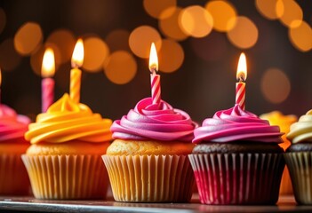 A row of vibrant cupcakes with flickering candles, soft bokeh lights in the background, cupcakes, bakery