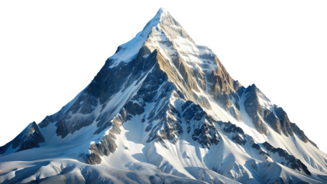 Majestic snow covered mountain peak isolated on a transparent background. Png