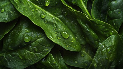 Fototapeta premium Fresh Spinach Leaves with Water Droplets Evoking a Sense of Freshness