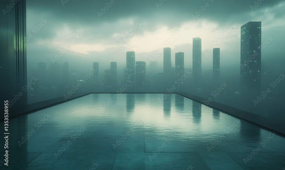 Poster a misty skyline reflected in a serene pool evokes a calm, futuristic atmosphere.