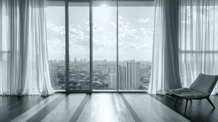 Obraz premium Monochrome sheer curtains in a high-rise apartment with a city view