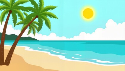 Fototapeta na wymiar Tropical beach scene with palm trees against a sunny sky 