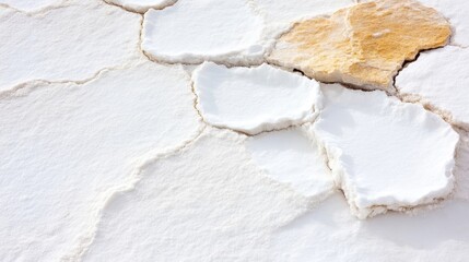 Fototapeta premium A close-up view of cracked, white, mineral-rich terrain. Patches of light beige/yellow mineral deposits are interspersed within the fractured surface