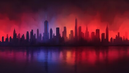 Obraz premium Silhouetted skyline of city buildings reflects into the water below