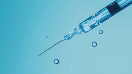 A medical syringe filled with clear liquid, with a single droplet forming at the tip of the needle. 
