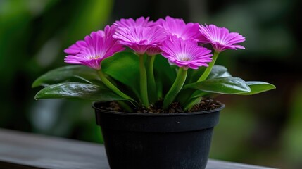 Vibrant pink flowers in a pot, close-up view. 