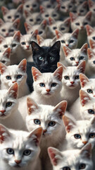 the only  black cat in the middle of a crowd of white cats