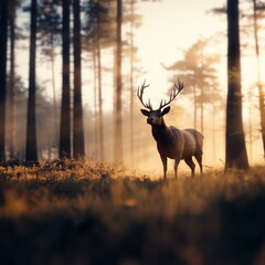 Minimalist low poly wildlife scene of a majestic stag standing in misty sunrise forest