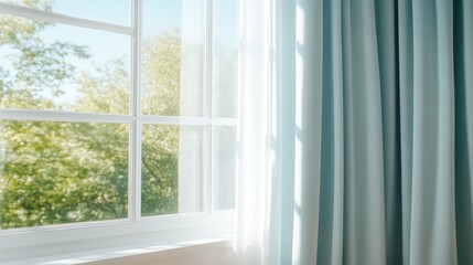 Fototapeta premium Sunlight streams through a window with light blue curtains, illuminating a lush green garden outside